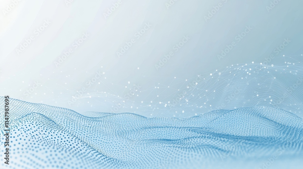 Poster visually captivating digital waves with particle effects flowing gently across a soft background in 