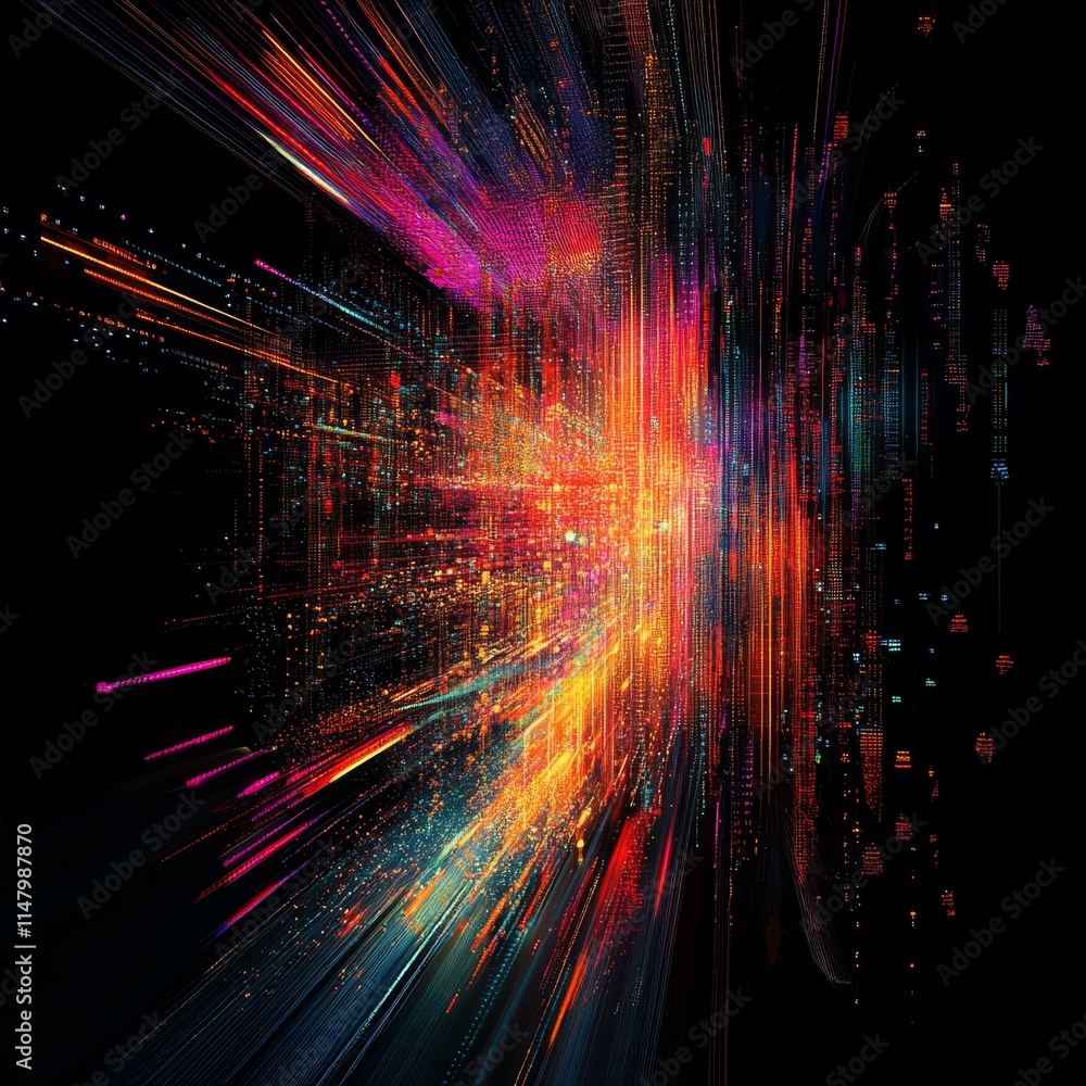 Poster vibrant abstract digital design showcasing dynamic light trails and vivid colors against a dark back