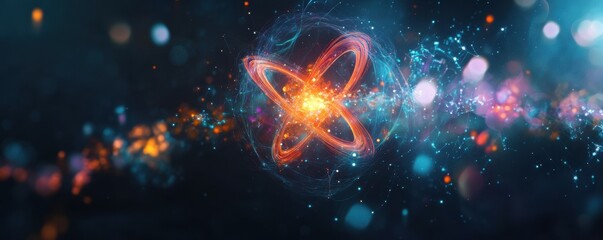 Atom with electrons orbiting a nucleus, glowing with energy and vibrant colors on a dark background. Scientific background concept. Stock photo.