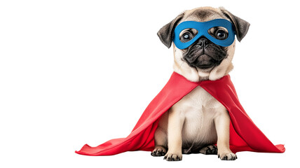 Pug dressed as a superhero wearing a blue mask and red cape in a playful pose, cut out
