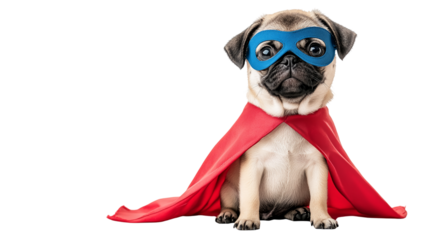 Pug dressed as a superhero wearing a blue mask and red cape in a playful pose, cut out
