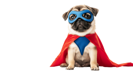 Pug dog dressed as a superhero in red cape and blue mask poses happily with a playful expression, cut out