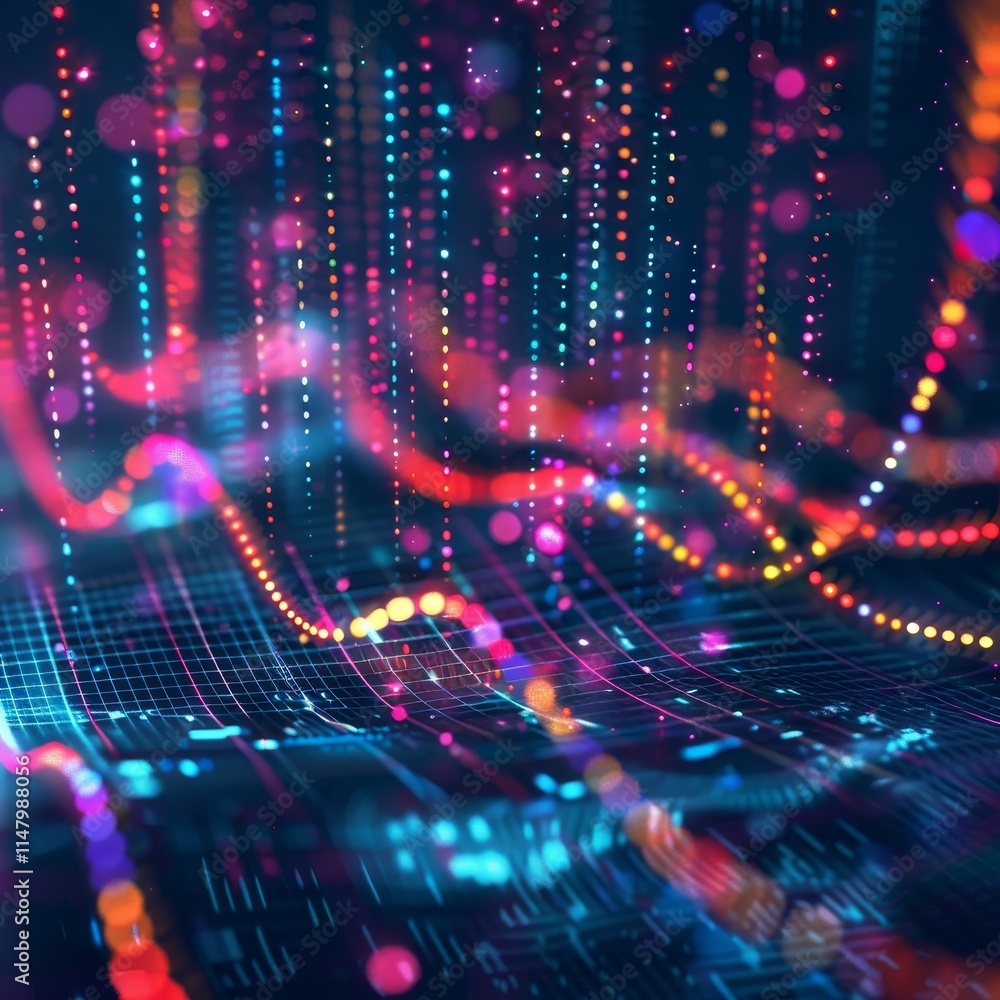 Fototapete Colorful Abstract Digital Wave Patterns Create a Mesmerizing Visual Experience in a Virtual Environment of Flowing Light and Movement