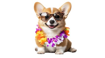 Corgi wears sunglasses and floral lei, showcasing a cheerful summer vibe and playful personality, cut out