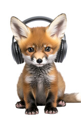 Obraz premium Cute young fox wearing headphones listens to music in a cozy indoor setting, showcasing playful charm and curiosity, cut out