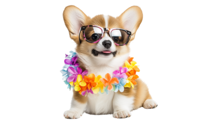 Corgi wearing sunglasses and a flower lei for a cheerful summer celebration, cut out