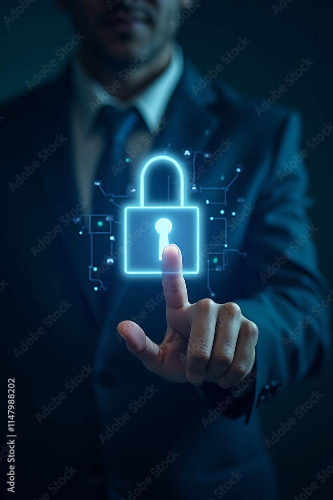 Poster rson interacts with a digital security lock icon to represent cybersecurity, data protection, and pr