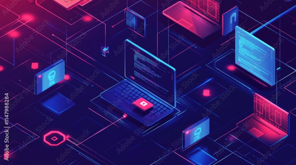 Aufkleber digital technology landscape showcasing interconnected devices and code in a futuristic virtual envi
