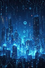 Futuristic digital cityscape illuminated with glowing holographic elements and data-inspired imagery