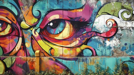 Bright and Colorful Street Art Mural Featuring Vibrant Eye Design on a Textured Wall in an Urban Setting During Daylight