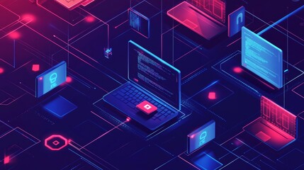 Digital Technology Landscape Showcasing Interconnected Devices and Code in a Futuristic Virtual Environment