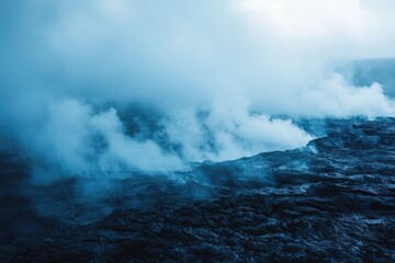 Mystical volcanic landscape shrouded in ethereal blue mist, textured lava field, dramatic moody atmosphere.