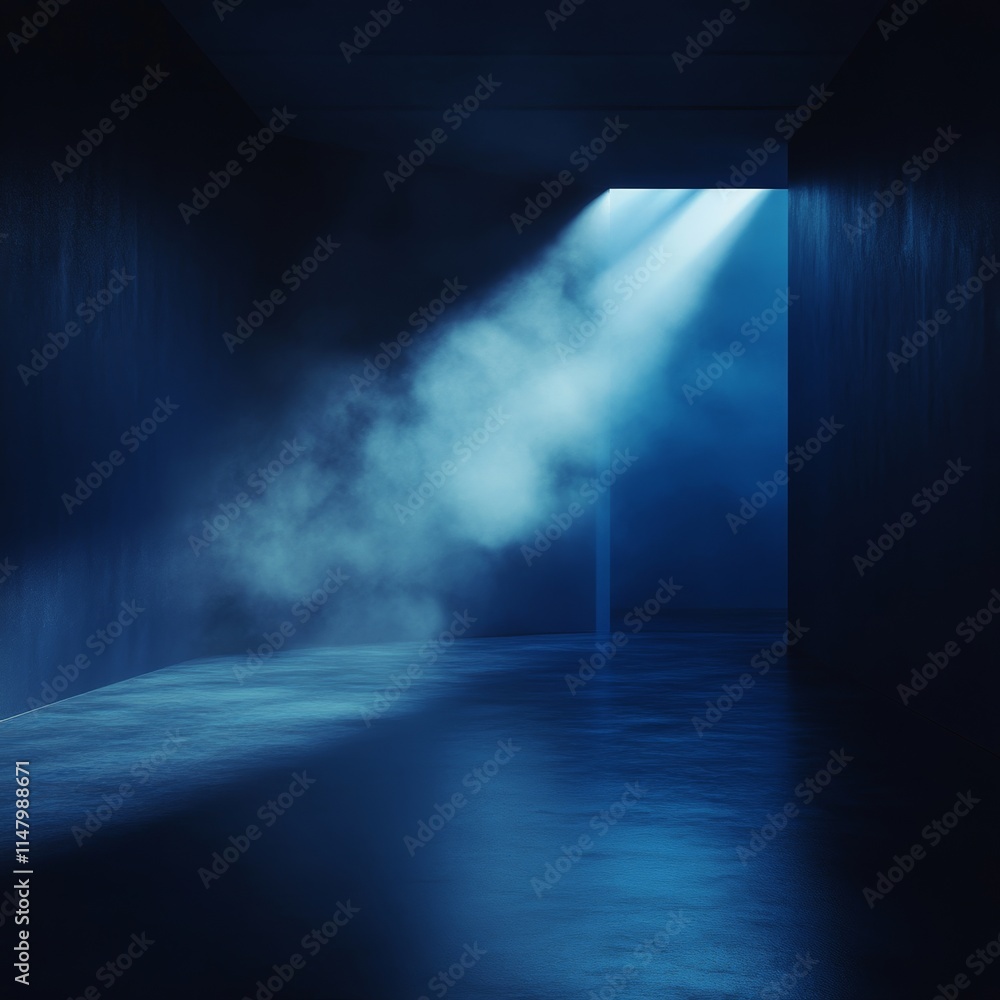 Poster light breaks through the darkness in a misty corridor creating an ethereal atmosphere in a contempor