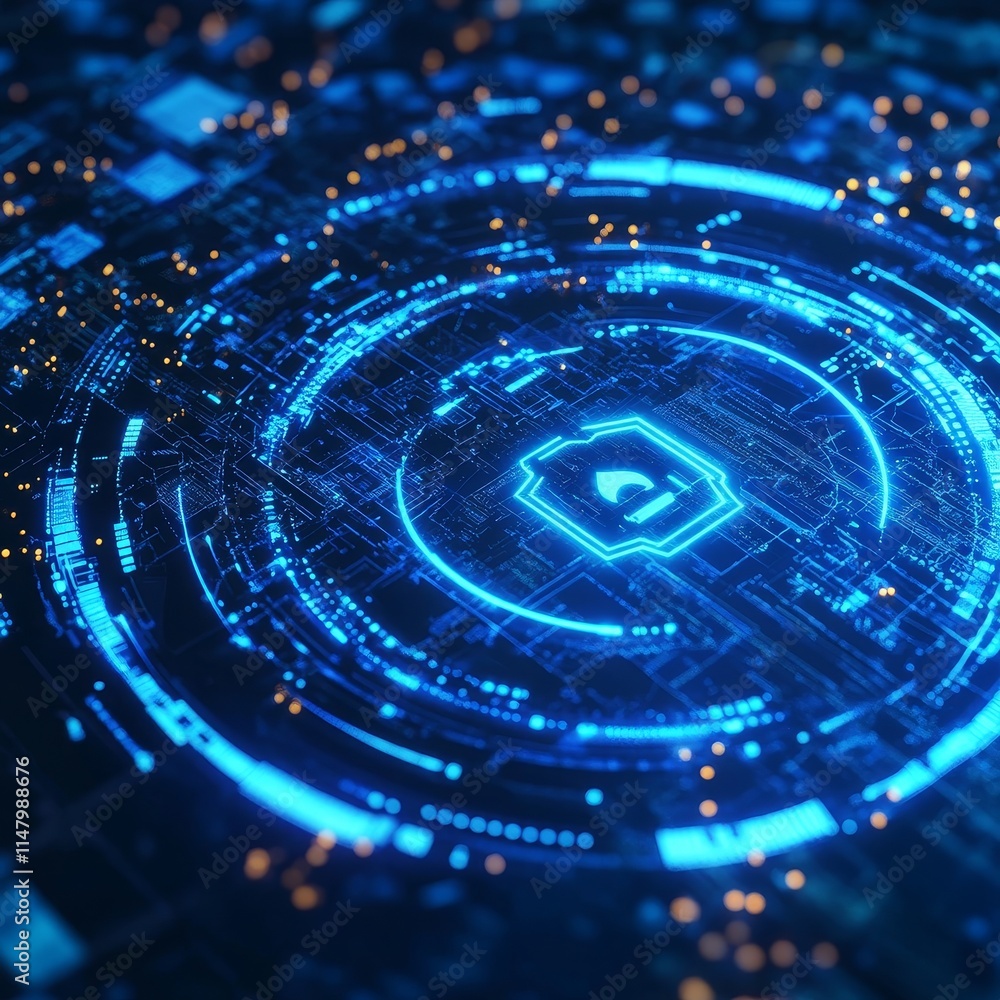 Poster digital representation of cybersecurity with glowing blue circuits and a shield icon in a futuristic