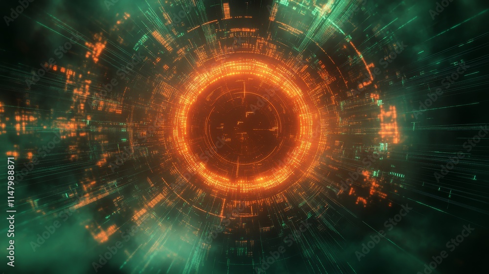 Poster digital vortex with glowing orange circle and green particles flowing in a futuristic abstract desig