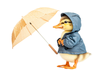 Duckling in a blue raincoat holds an umbrella, cut out