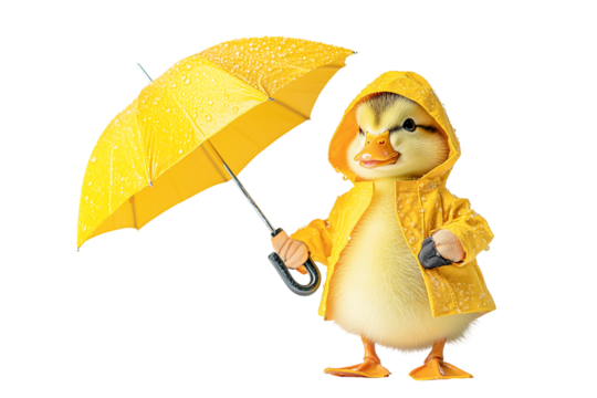 Cute duckling in yellow raincoat holding a small umbrella while surrounded by rain, cut out