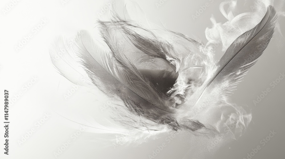 Poster a blurry image of a bird with feathers and a black eye. the image is abstract and has a sense of mov