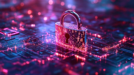 Digital Lock on a Circuit Board Symbolizing Cybersecurity in a Futuristic Setting With Bright Neon Lights