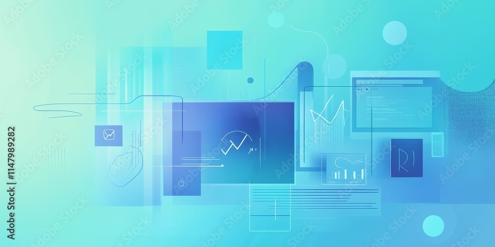 Poster visual representation of data analysis and digital design elements with charts and graphs created in