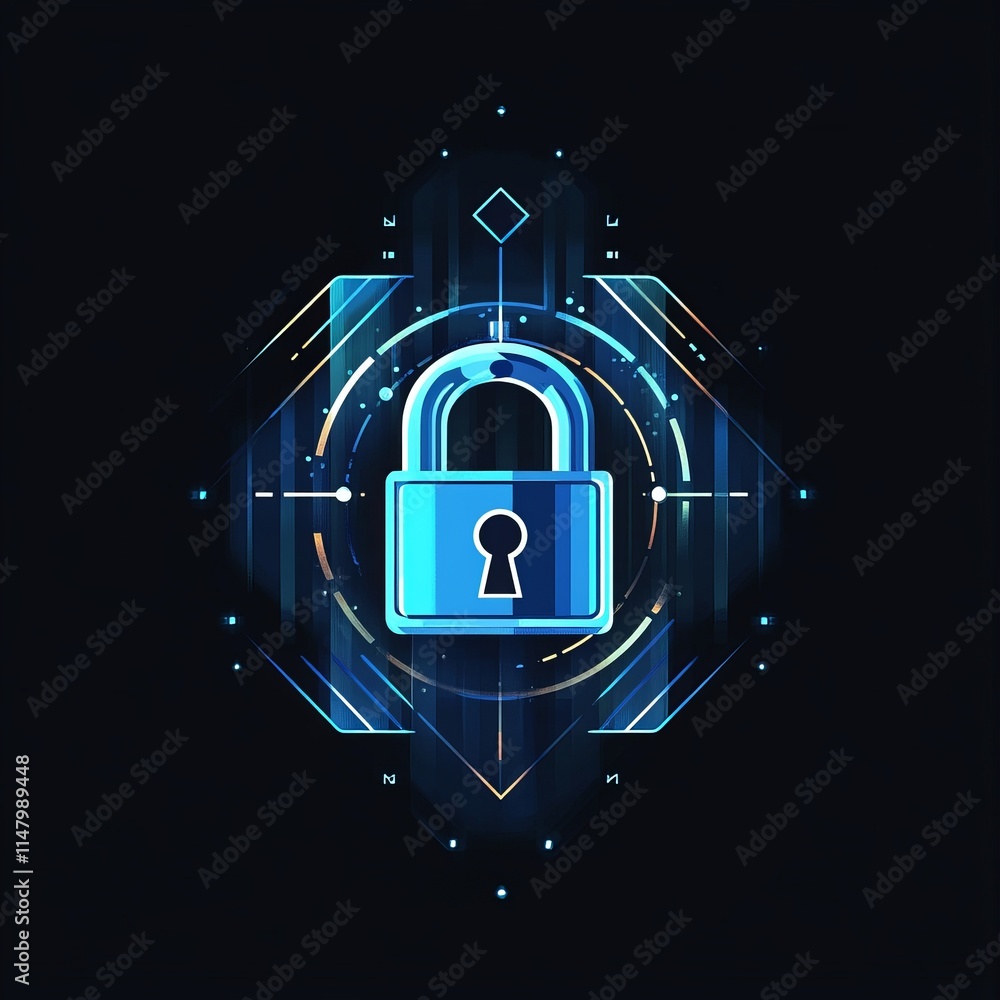 Poster secure digital padlock with glowing effects on a dark background representing cybersecurity and data