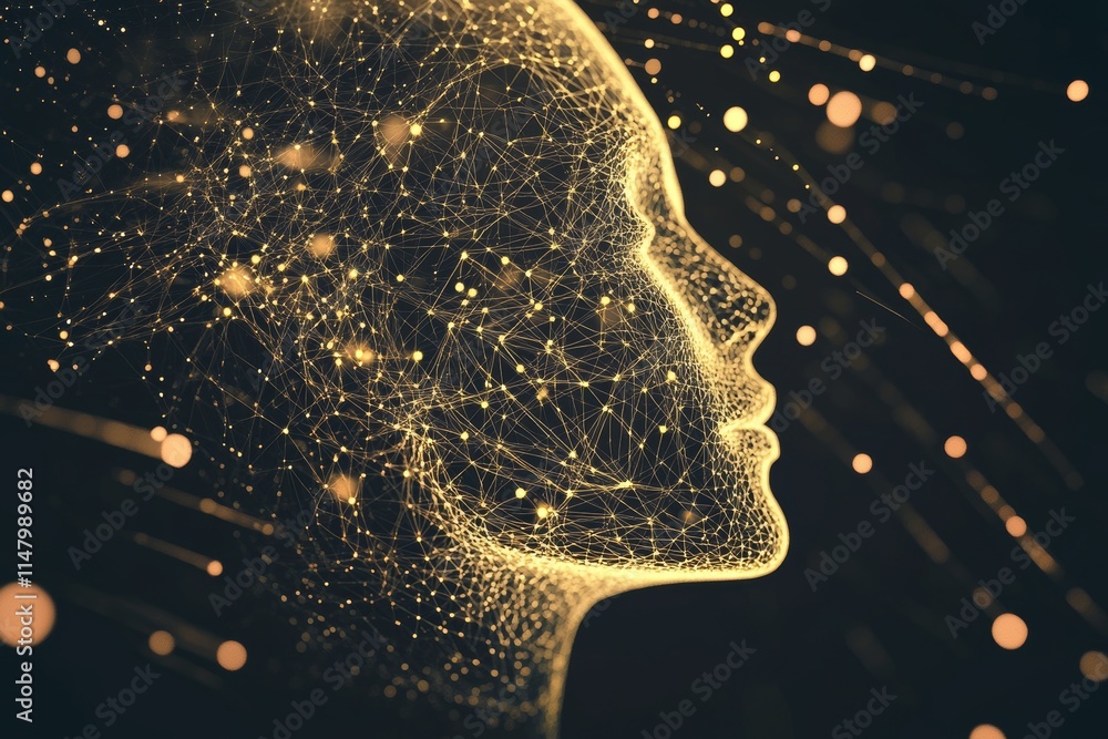 Poster digital art showcasing a woman's profile illuminated by a network of golden lines and glowing dots i
