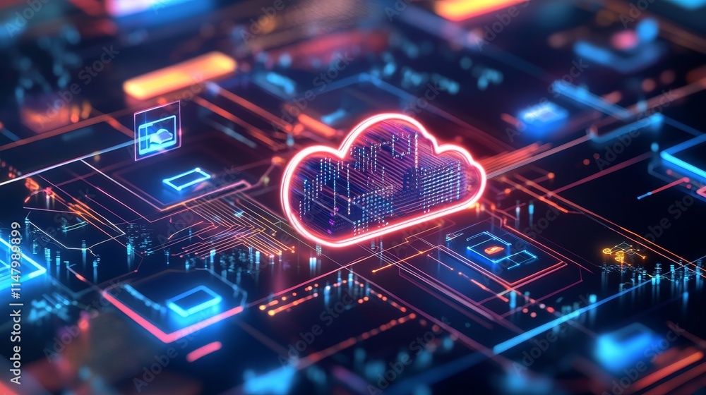 Poster networked cloud computing with glowing visuals and digital nodes in a futuristic technology landscap