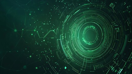 Digital Abstract Design Featuring Concentric Circles and Luminous Green Lines Representing Technology and Data Visualization in a Futuristic Setting