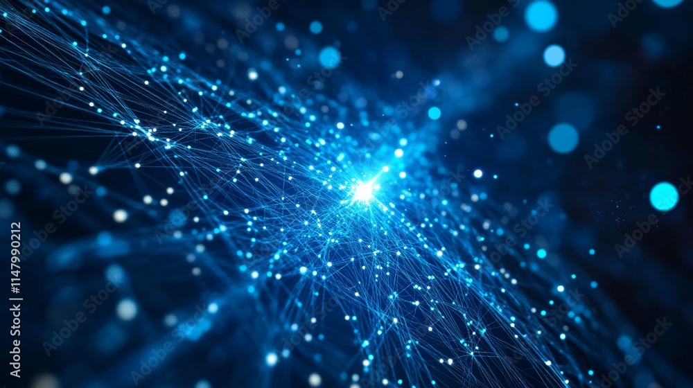 Poster visual representation of digital connections and network activity in a vibrant blue color scheme hig