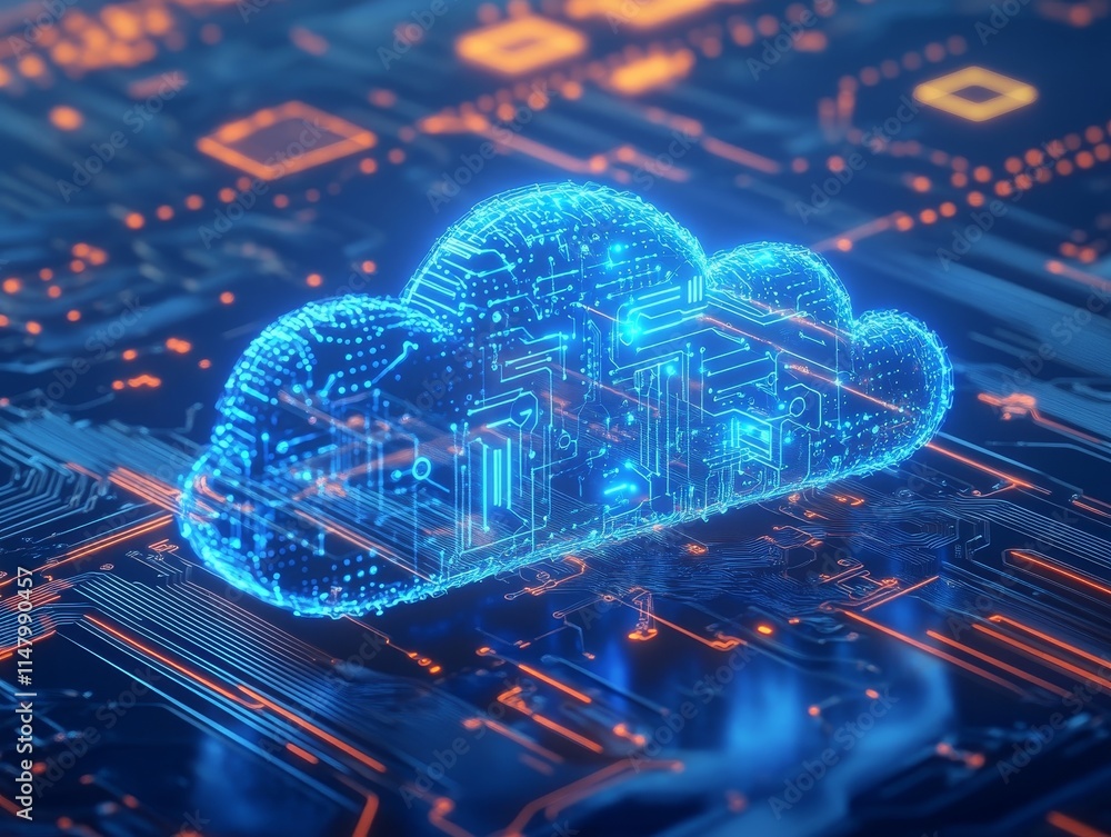 Poster digital cloud technology illustration on a circuit board background showcasing data storage and conn