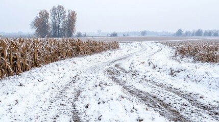 Obraz premium Snowy rural road winding through a field of dried corn stalks.