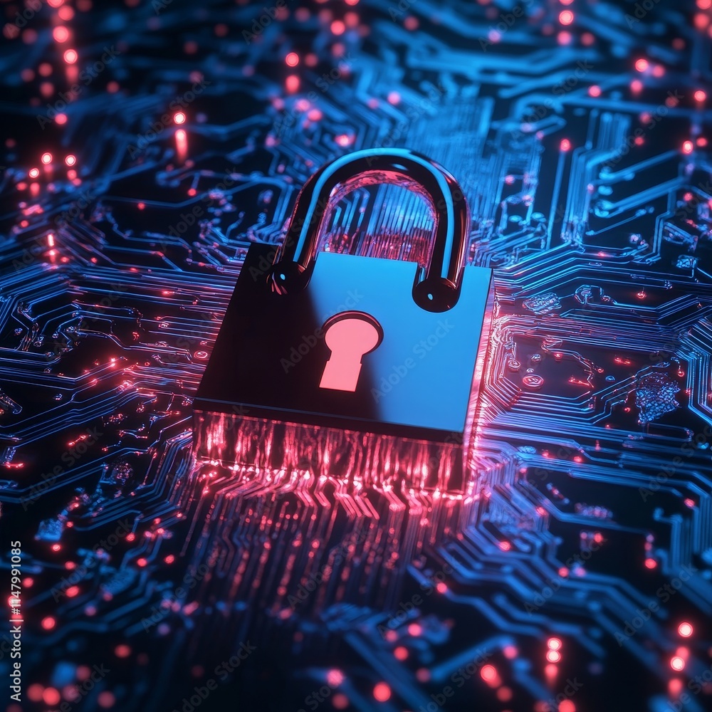 Poster digital lock symbolizing cybersecurity on a circuit board background illuminated with pink and blue 
