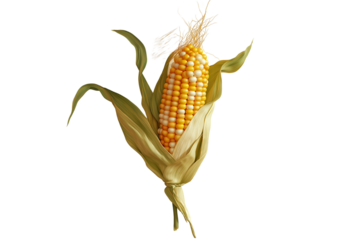 A single ear of corn with golden kernels and green husk, isolated on background.