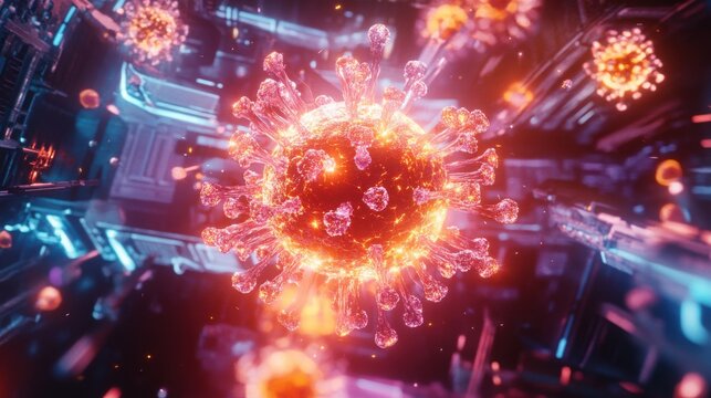 Fiery Coronavirus Pandemic Microscopic 3D Render, Global Health Crisis