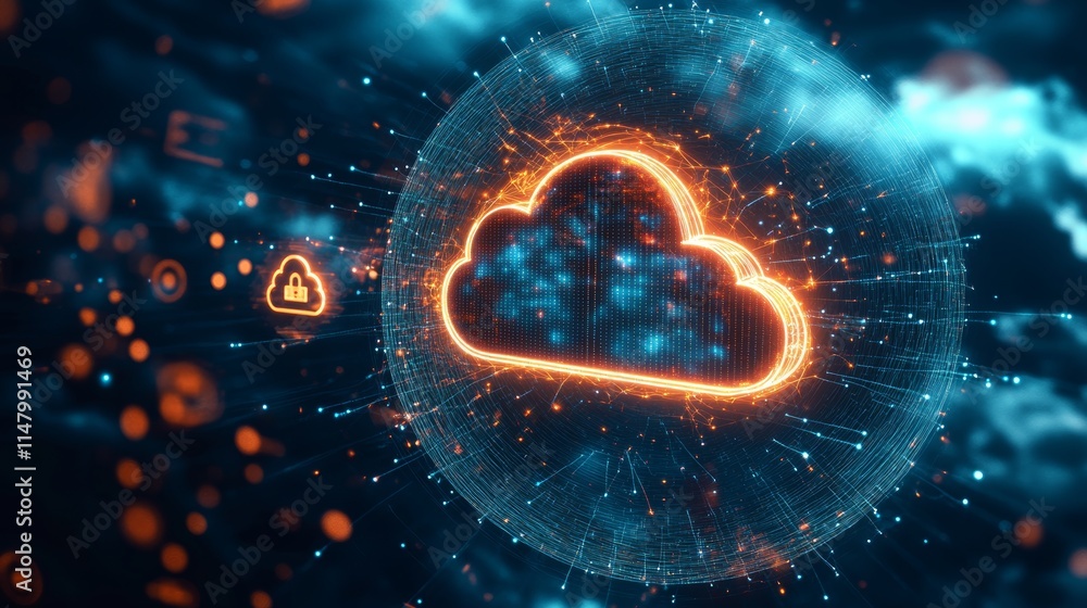 Poster modern cloud computing concept with glowing data network connections and secure cloud storage icons 