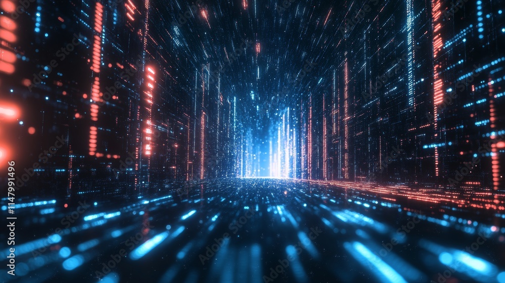 Poster dynamic futuristic data tunnel with vibrant blue and red lights showcasing high-tech digital environ
