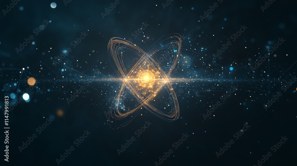 Poster visual representation of an atom with glowing particles and dynamic rings in a dark cosmos backgroun