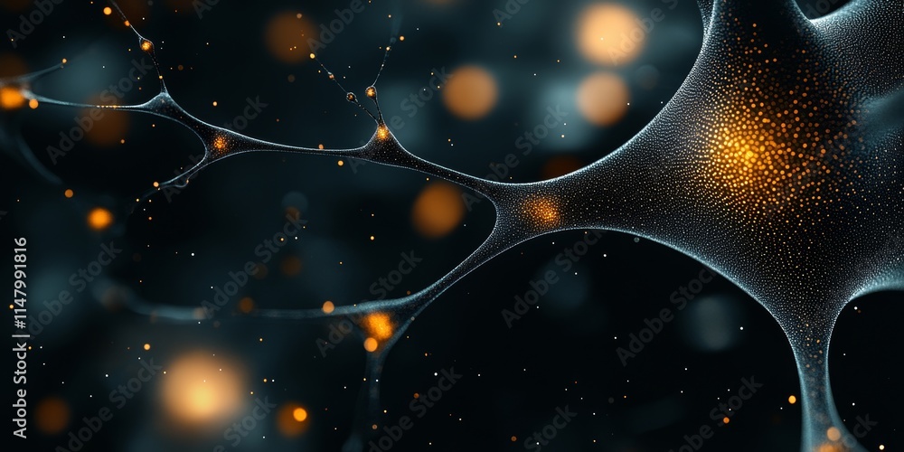 Poster exploring the intricate structures of neurons illuminated by warm orange highlights in a dark, abstr
