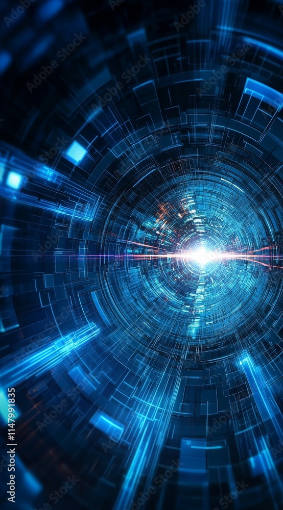 Poster dynamic abstract representation of a futuristic tunnel with glowing light effects in a digital envir