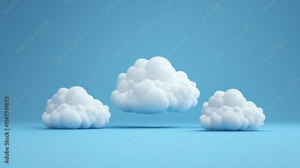 Poster floating fluffy clouds against a serene blue background create a peaceful atmosphere in a minimalist