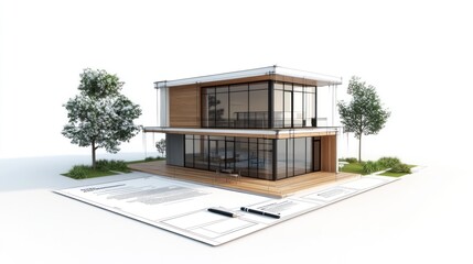 Modern Architectural House Design Plan Model with Trees