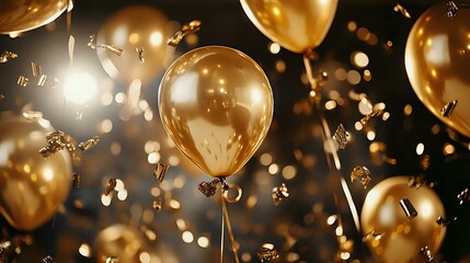 Happy New Year celebration with golden balloons and confetti, a stylish indoor party setting with elegant decor, sparkling lights and a festive ambiance