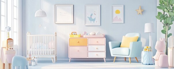 Cozy modern interior design in pastel colors. Cute gender neutral nursery room with toys, furniture and decorations