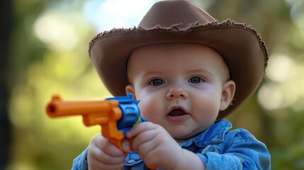 Adorable Baby Cowboy Plays with Toy Gun Outdoors