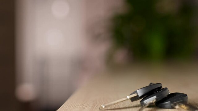 Woman putting keys on table, close-up. Female hand puts car keys while coming home