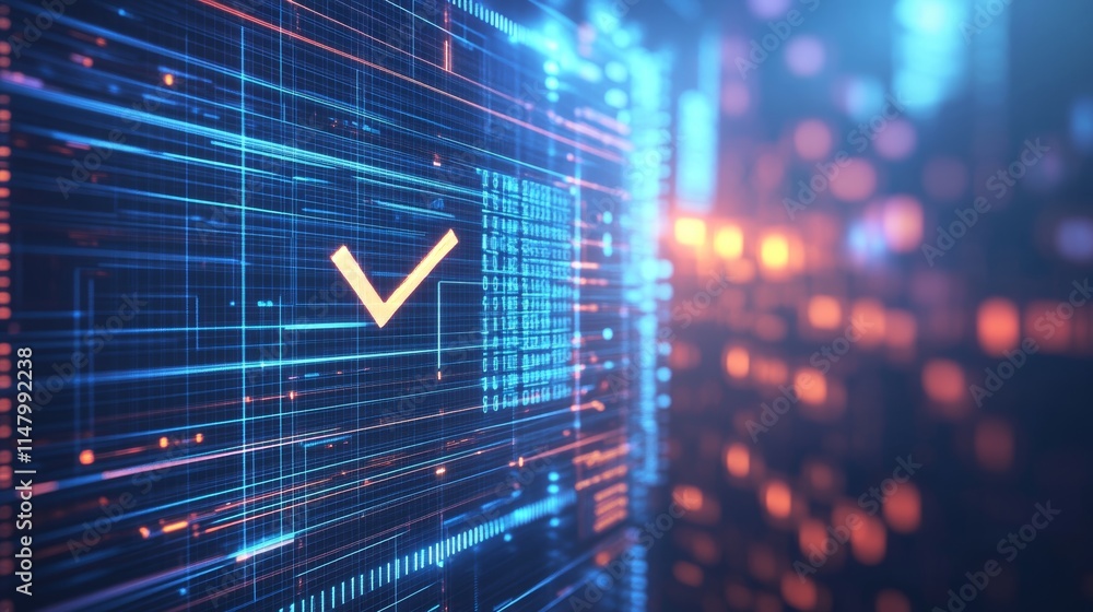 Poster digital validation symbol against a backdrop of glowing data streams representing technology and inn