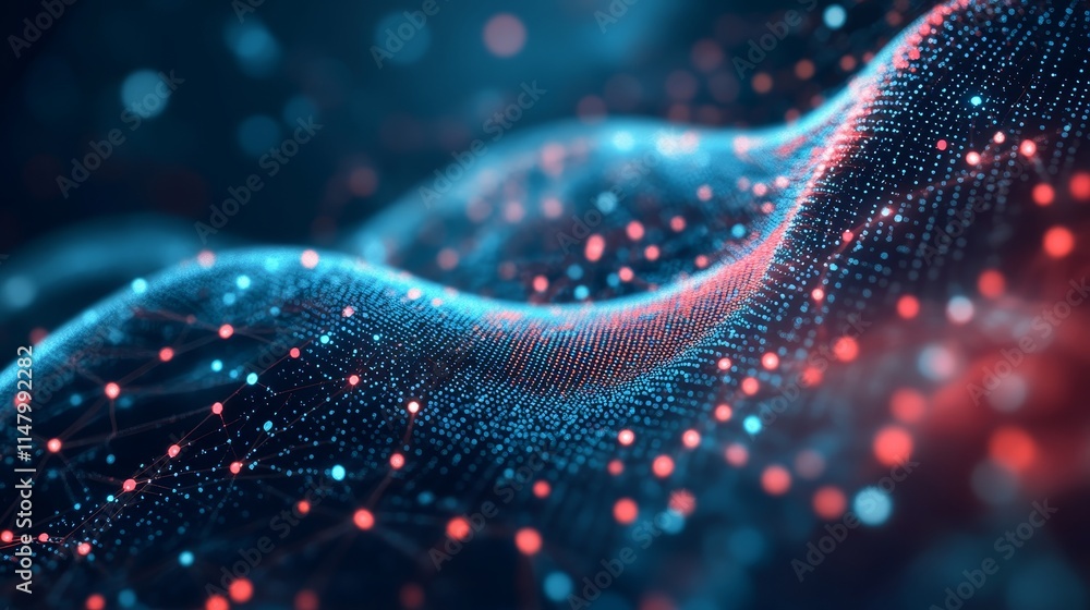 Poster flowing waves of digital particles create a vibrant network of light in a dark space filled with inn