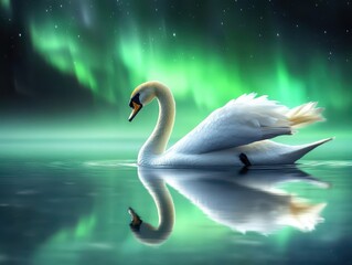 Swan with golden feathers gliding on mirrored water under aurora lights, wildlife, surreal elegance