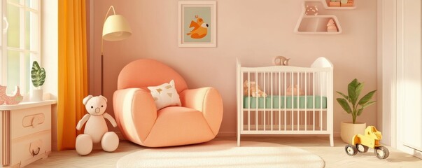 Cozy modern interior design in pastel colors. Cute gender neutral nursery room with toys, furniture and decorations