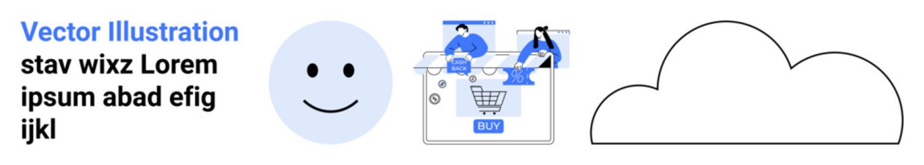 Fototapeta premium Shopping cart with people, shopping bag, happy face, and cloud icon. Ideal for e-commerce, online shopping, cloud computing, customer satisfaction, digital services tech solutions website